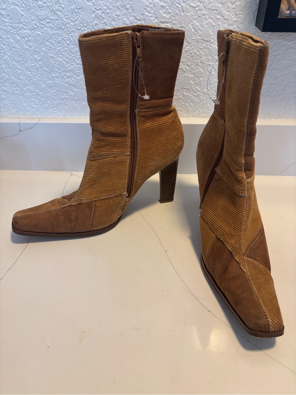 Vintage Carrini Corduroy & Suede Mid-Calf Heeled Boot in Tan